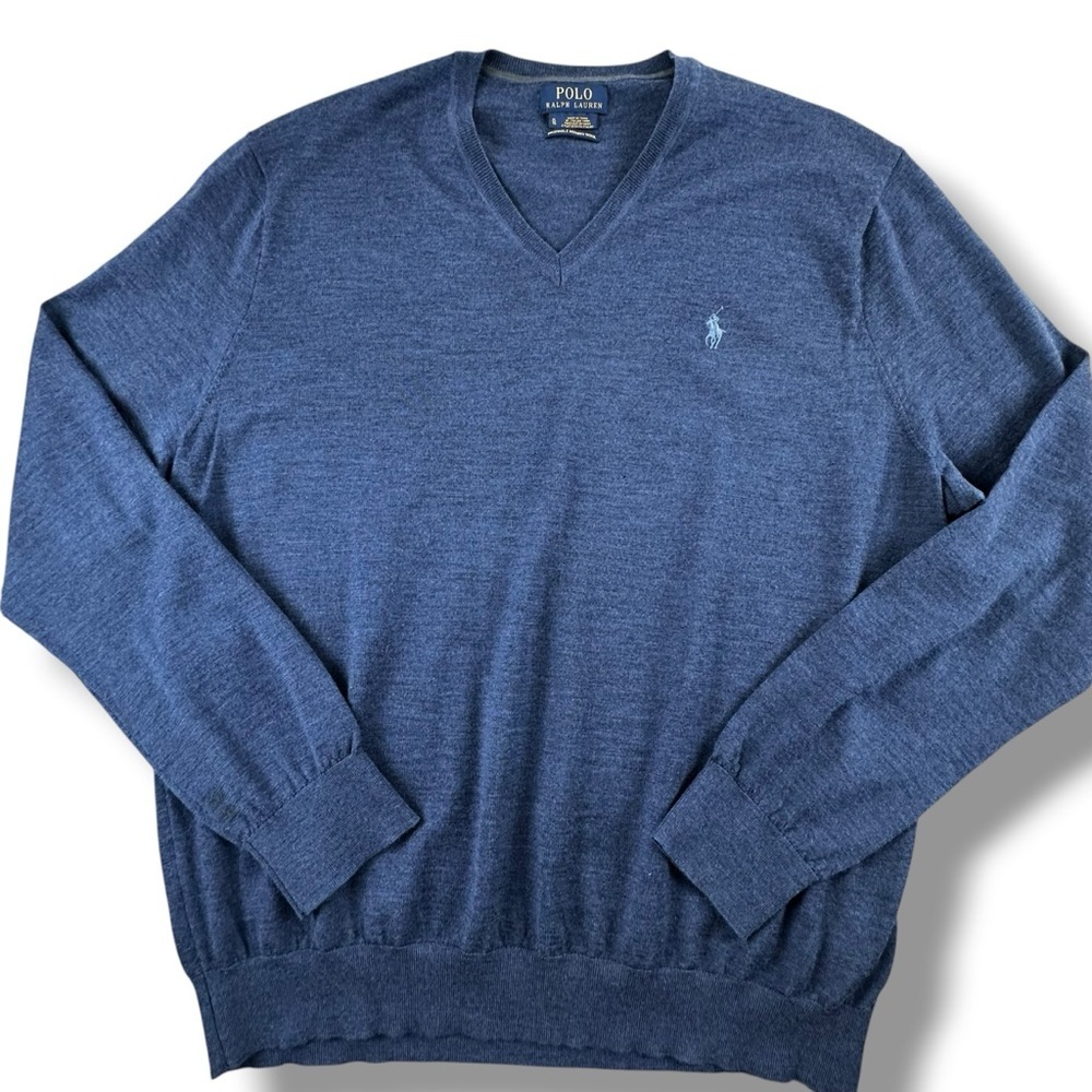 Polo Ralph Lauren Washable Merino Wool V-Neck Sweater Blue Black Size XL